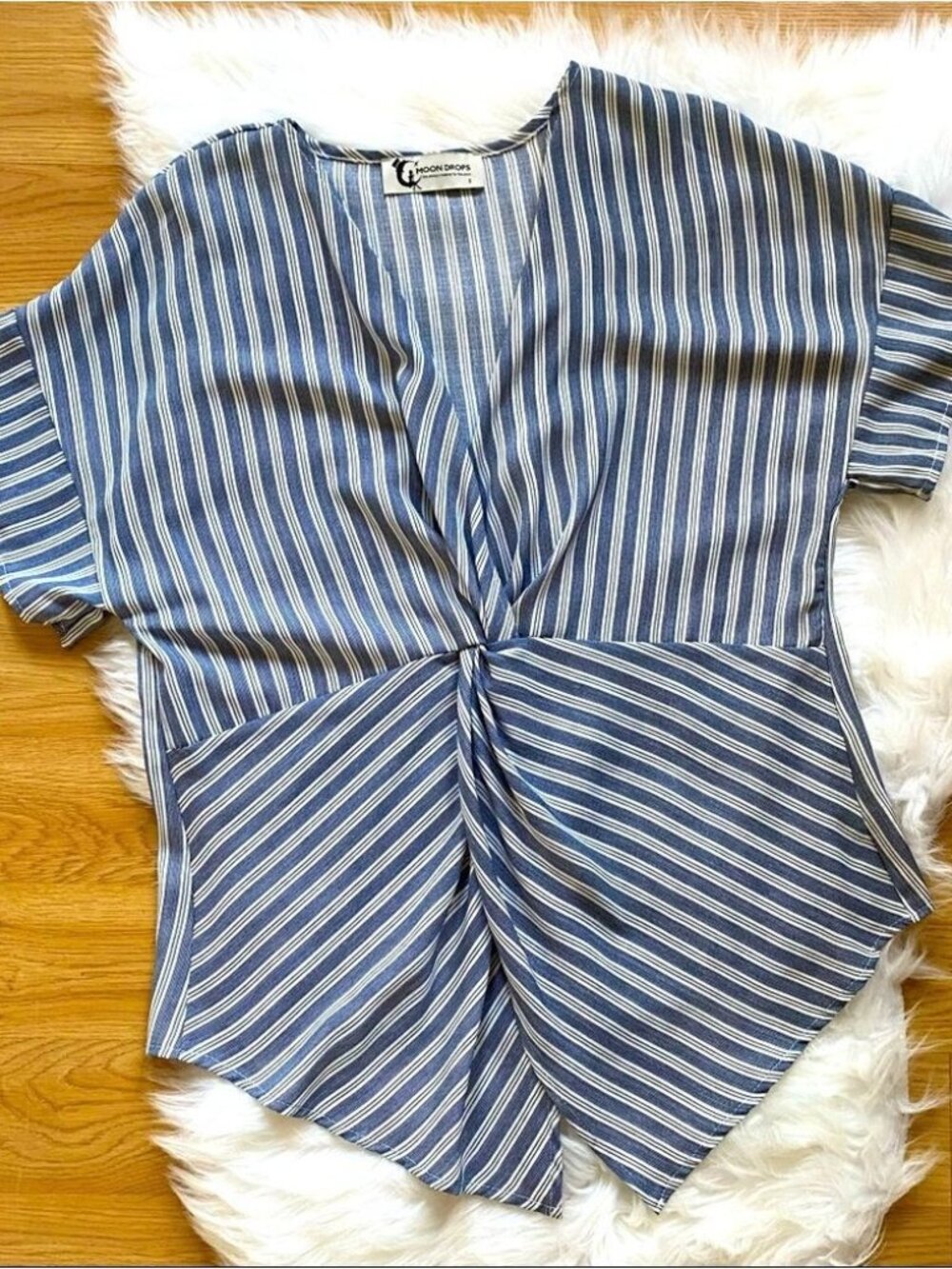 Top Short Sleeve Striped Front Knot Blue - Picture 1 of 5